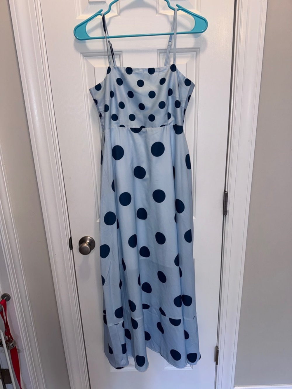 Amazon Light Blue Maxi Dress with Navy Polka Dots